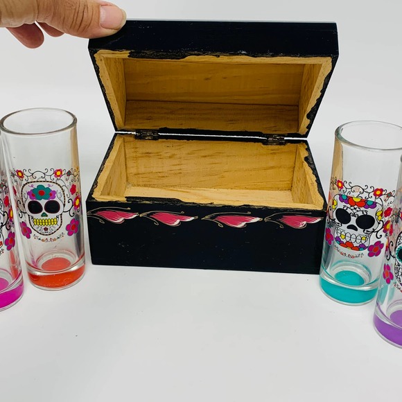 Vintage Halloween Sugar Skull Barware Shot GlassSet With Hand Painted Wood Box - Picture 2 of 12